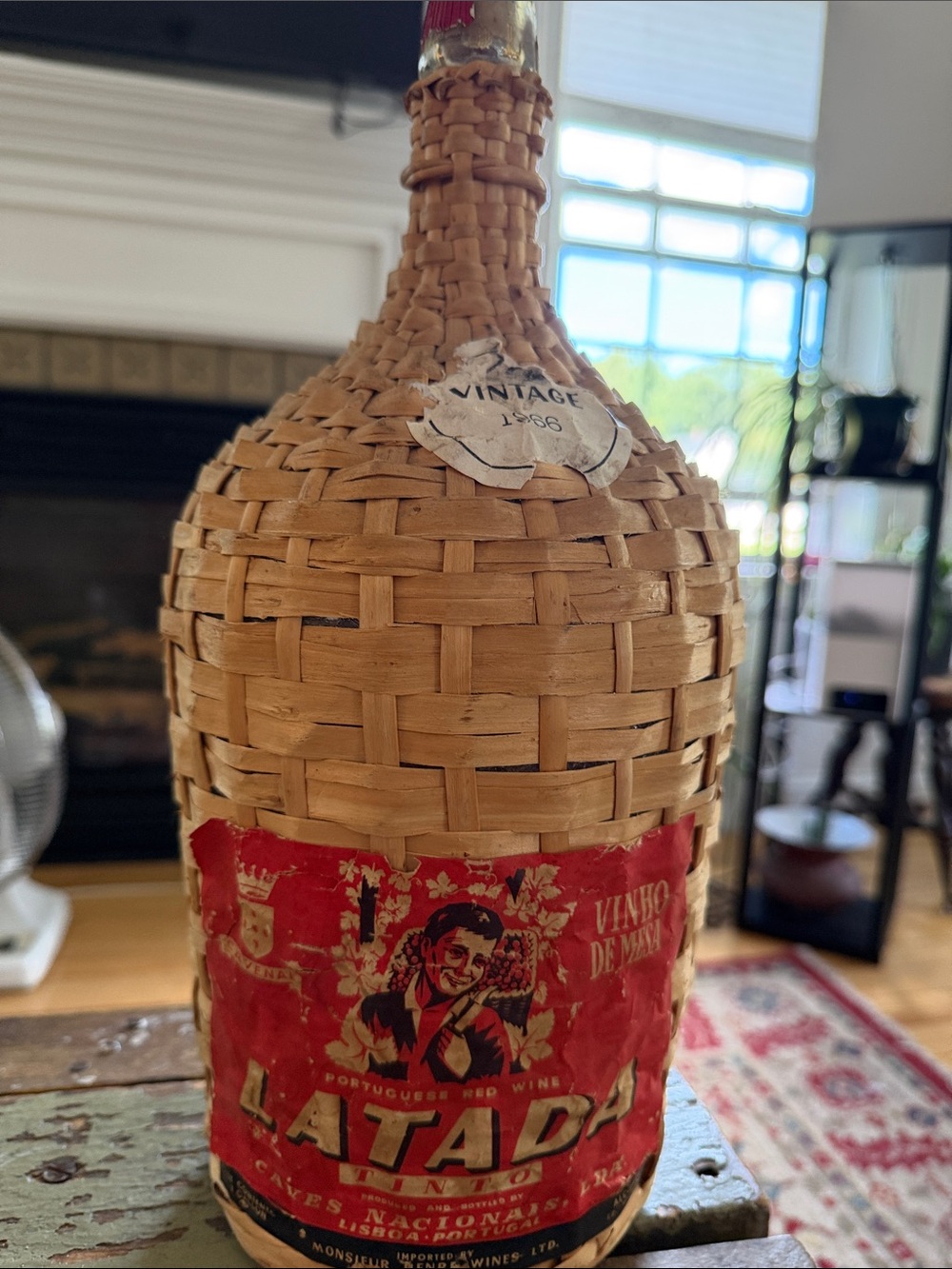 Vintage-Style Wicker Bottle with Red Label -